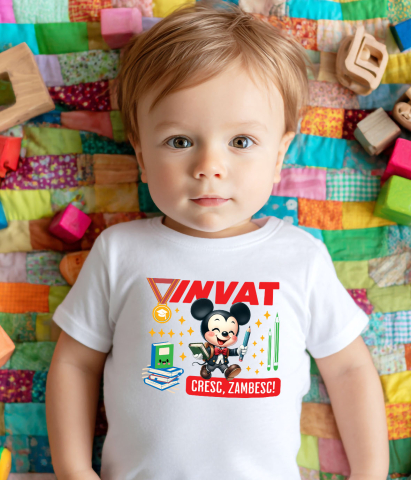 Tricou Copii cu Mickey Mouse – Invatam, Zambim, Crestem 100% Bumbac, Alb, 8 Ani [2]