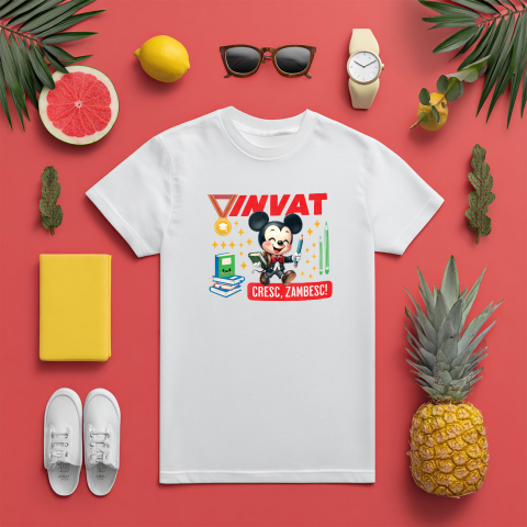 Tricou Copii cu Mickey Mouse – Invatam, Zambim, Crestem 100% Bumbac, Alb, 8 Ani [4]