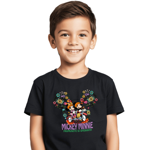 Tricou Copii cu Mickey Mouse si Minnie mergand Veseli pe Scuter 100% Bumbac, Negru, 12 Ani [1]