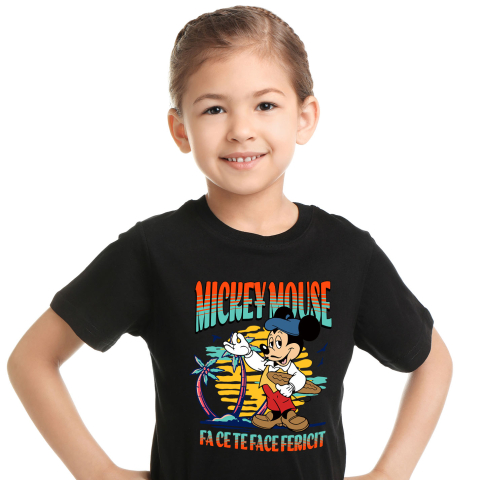 Plaja - Tricou Copii cu Mickey si Plaja cu Palmieri 100% Bumbac, Negru, 12 Ani
