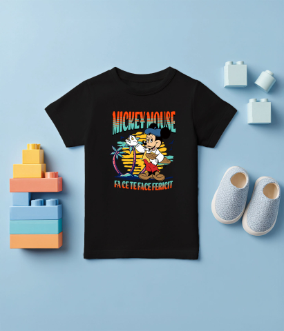 Tricou Copii cu Mickey si Plaja cu Palmieri 100% Bumbac, Negru, 12 Ani [4]