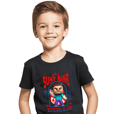 Amuzante - Tricou Copii cu Minecraft, Ok, Sarcastic, Nervos, Iritat 100% Bumbac, Negru, 8 Ani