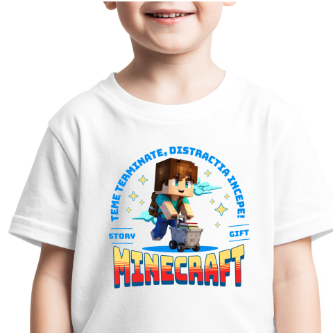 Educatie - Tricou Copii cu Minecraft: Skateboard Si Distractie Cu Prietenii 100% Bumbac, Alb, 8 Ani