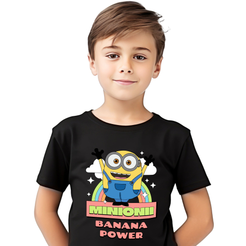 Tricouri - Tricou Copii cu Minionul în Lumea Veseliei 100% Bumbac, Negru, 12 Ani