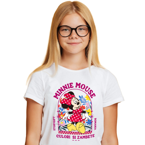 Flori - Tricou Copii cu Minnie, cu flori strălucitoare în jurul ei 100% Bumbac, Alb, 8 Ani