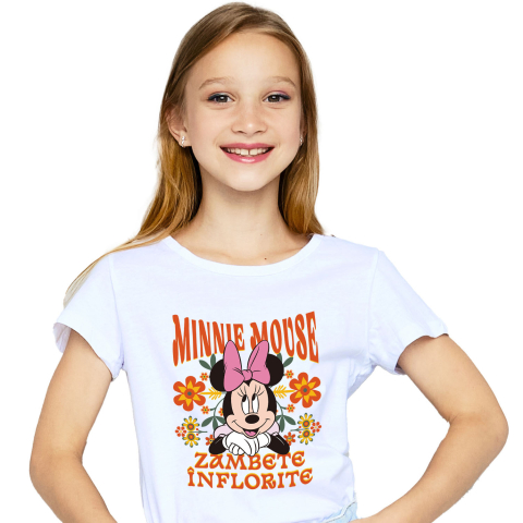 Flori - Tricou Copii cu Minnie, dragoste și veselie 100% Bumbac, Alb, 12 Ani
