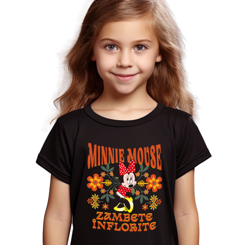 Flori - Tricou Copii cu Minnie, iubitoare și veselă 100% Bumbac, Negru, 12 Ani