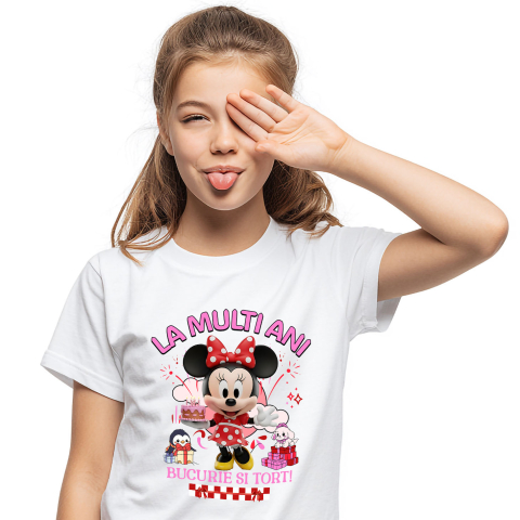 Tricou Copii cu Minnie Mouse – Cadouri si Tort pentru Micile Printese 100% Bumbac, Alb, 10 Ani [0]