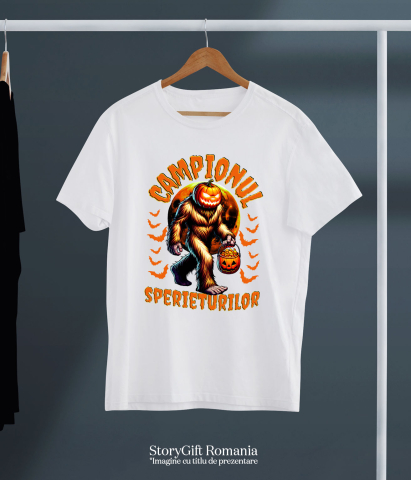 Tricou Femei, Barbati, Copii, Fata, Baiat, Unisex Personalizat Monstru cu Păr și Cap de Dovleac | „Campionul Sperieturilor” | Cadou Personalizat Halloween [4]