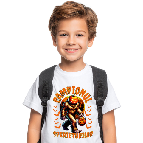 Halloween - Tricou Femei, Barbati, Copii, Fata, Baiat, Unisex Personalizat Monstru cu Păr și Cap de Dovleac | „Campionul Sperieturilor” | Cadou Personalizat Halloween