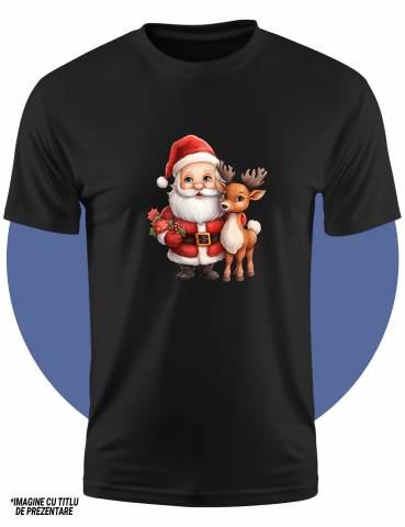 Tricou Copii cu Mos Craciun si un ren, ilustratie, trage sania, aduce cadouri, copiii cuminti primesc daruri, fericire,  100% Bumbac, Unisex, Negru, 6 Ani, 46CM [1]