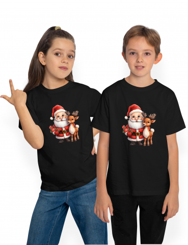 Copii Unisex - 6 Ani - Tricou Copii cu Mos Craciun si un ren, ilustratie, trage sania, aduce cadouri, copiii cuminti primesc daruri, fericire,  100% Bumbac, Unisex, Negru, 6 Ani, 46CM