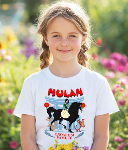 Tricou Copii cu Mulan si calul ei - Aventuri pe drumuri de lupta 100% Bumbac, Alb, 12 Ani [2]