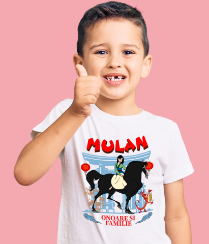 Tricou Copii cu Mulan si calul ei - Aventuri pe drumuri de lupta 100% Bumbac, Alb, 12 Ani [3]