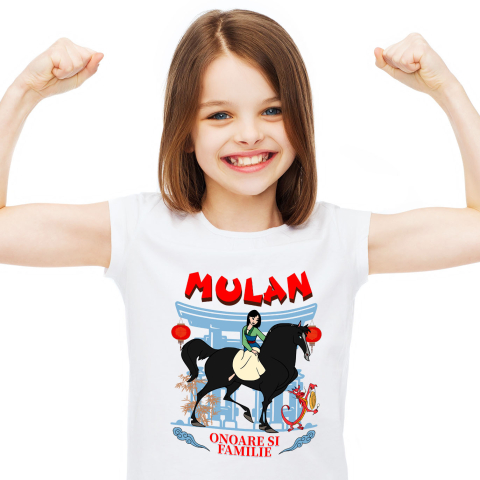 Tricouri - Tricou Copii cu Mulan si calul ei - Aventuri pe drumuri de lupta 100% Bumbac, Alb, 12 Ani