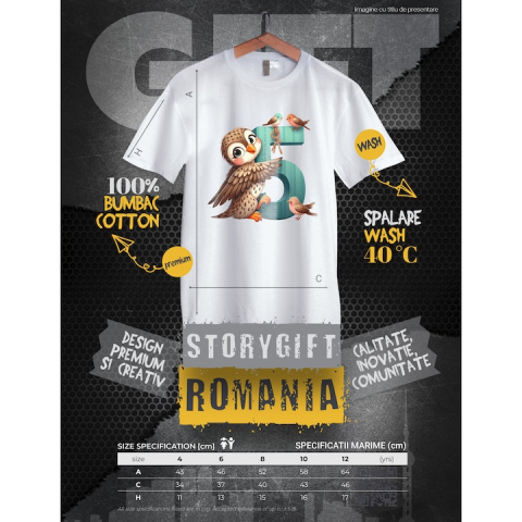 Tricou Copii cu o bufnita cu cifra 5, ilustratie, pentru copii, scoala, elev, pasarele, invata 100% Bumbac, Unisex, Alb, 4 Ani, 43CM [2]