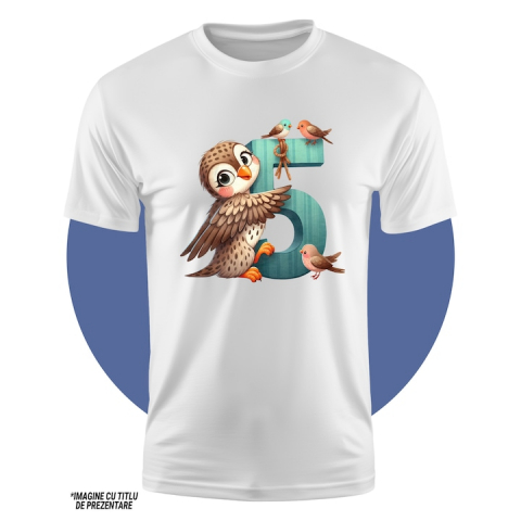 Tricou Copii cu o bufnita cu cifra 5, ilustratie, pentru copii, scoala, elev, pasarele, invata 100% Bumbac, Unisex, Alb, 4 Ani, 43CM [1]