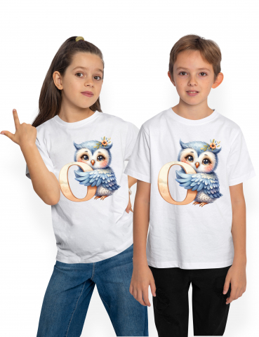 Copii Unisex - 4 Ani - Tricou Copii cu o bufnita cu litera "O", ilustratie, pentru copii, scoala, elev, abecedar, alfabet, scrie  100% Bumbac, Unisex, Alb, 4 Ani, 43CM