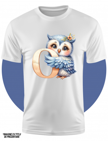 Tricou Copii cu o bufnita cu litera "O", ilustratie, pentru copii, scoala, elev, abecedar, alfabet, scrie  100% Bumbac, Unisex, Alb, 4 Ani, 43CM [1]