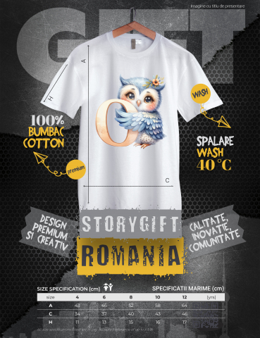 Tricou Copii cu o bufnita cu litera "O", ilustratie, pentru copii, scoala, elev, abecedar, alfabet, scrie  100% Bumbac, Unisex, Alb, 4 Ani, 43CM [2]
