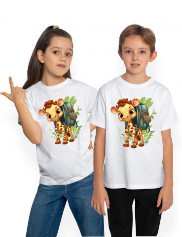 Tricouri Copii - Tricou Copii cu o girafa exploratoare, ilustratie, natura, ghiozdan, echipata, frunze, pentru iubitorii de animale, jungla,  100% Bumbac, Unisex, Alb, 10 Ani, 58CM