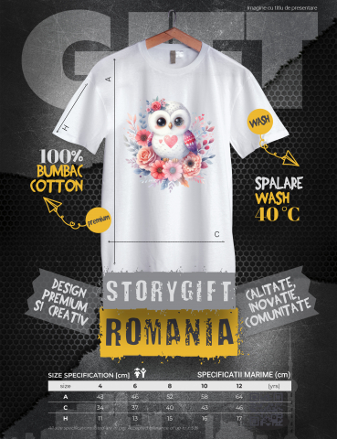 Tricou Copii cu o micuta bufnita imbujorata, ilustratie, flori, trandafiri, plante, inima, iubire, apreciere  100% Bumbac, Unisex, Alb, 6 Ani, 46CM [2]