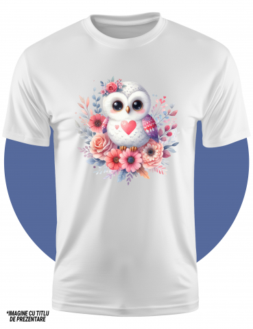 Tricou Copii cu o micuta bufnita imbujorata, ilustratie, flori, trandafiri, plante, inima, iubire, apreciere  100% Bumbac, Unisex, Alb, 6 Ani, 46CM [1]