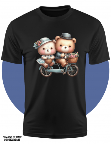 Tricou Copii cu o ursoaica si un urs care se plimba cu bicicleta, ilustratie, floricele, iubire, afectiune, Valentine's Day, cosulet, calatorie,  100% Bumbac, Unisex, Negru, 8 Ani, 52CM [1]
