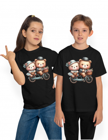 Copii Unisex - 8 Ani - Tricou Copii cu o ursoaica si un urs care se plimba cu bicicleta, ilustratie, floricele, iubire, afectiune, Valentine's Day, cosulet, calatorie,  100% Bumbac, Unisex, Negru, 8 Ani, 52CM