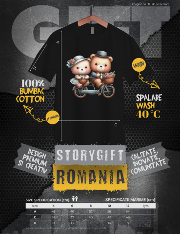 Tricou Copii cu o ursoaica si un urs care se plimba cu bicicleta, ilustratie, floricele, iubire, afectiune, Valentine's Day, cosulet, calatorie,  100% Bumbac, Unisex, Negru, 8 Ani, 52CM [2]