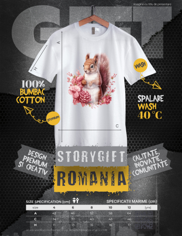 Tricou Copii cu o veverita, ilustratie, floricele, frunze, plante, rozatoare, bucurie, binedispusa,  100% Bumbac, Unisex, Alb, 4 Ani, 43CM [2]