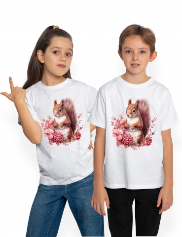 Tricouri Copii - Tricou Copii cu o veverita, ilustratie, floricele, frunze, plante, rozatoare, bucurie, binedispusa,  100% Bumbac, Unisex, Alb, 4 Ani, 43CM