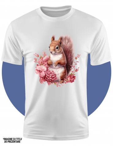 Tricou Copii cu o veverita, ilustratie, floricele, frunze, plante, rozatoare, bucurie, binedispusa,  100% Bumbac, Unisex, Alb, 4 Ani, 43CM [1]