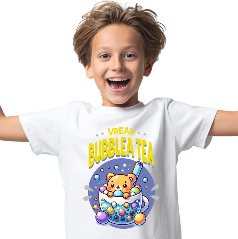 Tricou Femei, Barbati, Copii, Fata, Baiat, Unisex Personalizat „Pahar cu Bule și Ursuleț pentru Ceai Rece - Bubble Tea Cadou Personalizat”