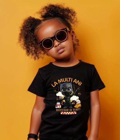 Tricou Copii cu Pantera Neagră – Bucurie, Tort și Cadouri pentru Copii 100% Bumbac, Negru, 12 Ani [3]