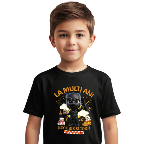 Tricouri - Tricou Copii cu Pantera Neagră – Bucurie, Tort și Cadouri pentru Copii 100% Bumbac, Negru, 12 Ani