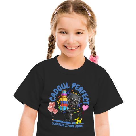 Tricou Copii cu Pantera Neagra Cadou cu Inima de Erou 100% Bumbac, Negru, 12 Ani [1]