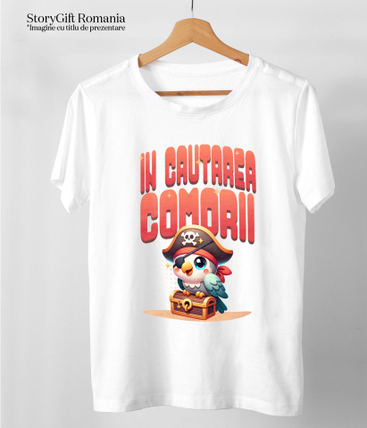 Tricou Femei, Barbati, Copii, Fata, Baiat, Unisex Personalizat „Papagal Pirat Colorat Cu Pălărie Și Cufăr De Comori – Cadou Personalizat „În Căutarea Comorii”” [4]