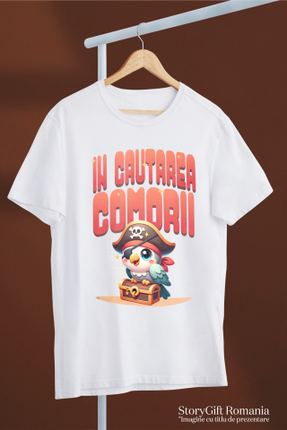 Tricou Femei, Barbati, Copii, Fata, Baiat, Unisex Personalizat „Papagal Pirat Colorat Cu Pălărie Și Cufăr De Comori – Cadou Personalizat „În Căutarea Comorii”” [2]
