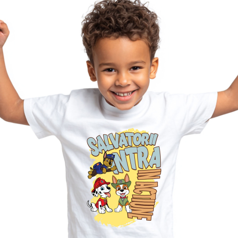 Tricou Copii cu Patrula Catelusilor Chase, Marshall și Rocky - Salvatori curajoșsi, solutii rapide 100% Bumbac, Alb, 12 Ani [1]