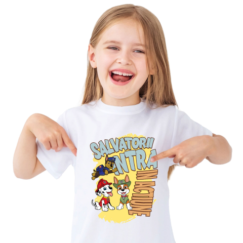 Tricouri - Tricou Copii cu Patrula Catelusilor Chase, Marshall și Rocky - Salvatori curajoșsi, solutii rapide 100% Bumbac, Alb, 12 Ani