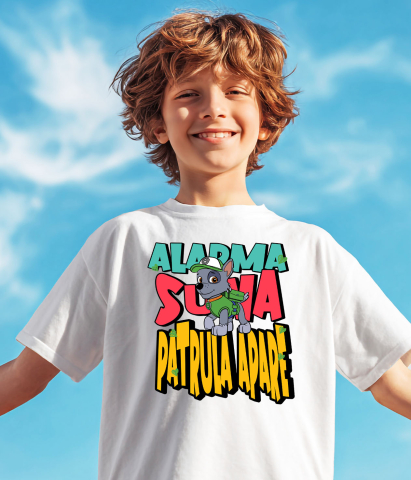 Tricou Copii cu Patrula Catelusilor Rocky - Catelul inventiv care face lumea mai curata 100% Bumbac, Alb, 8 Ani [2]