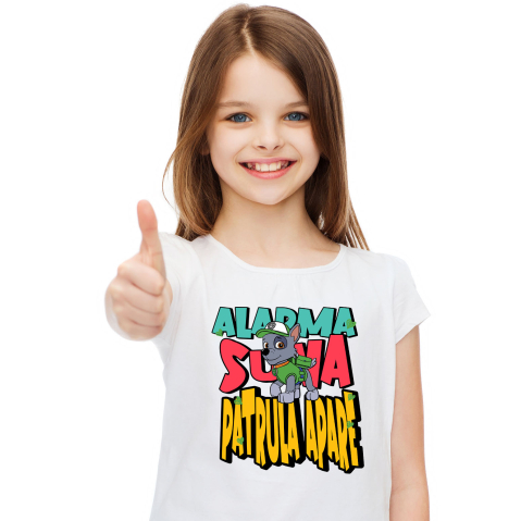 Tricou Copii cu Patrula Catelusilor Rocky - Catelul inventiv care face lumea mai curata 100% Bumbac, Alb, 8 Ani [1]