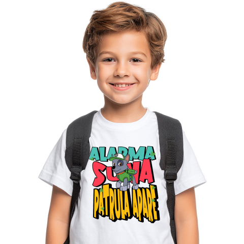Tricouri - Tricou Copii cu Patrula Catelusilor Rocky - Catelul inventiv care face lumea mai curata 100% Bumbac, Alb, 8 Ani
