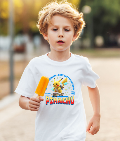 Tricou Copii cu Pikachu: Skateboard Si Energie Pozitiva 100% Bumbac, Alb, 6 Ani [3]