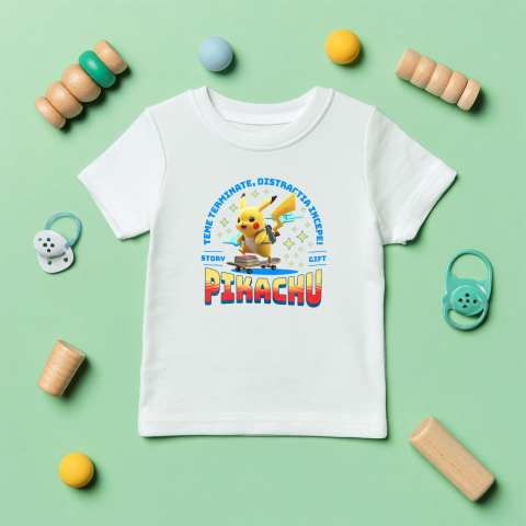 Tricou Copii cu Pikachu: Skateboard Si Energie Pozitiva 100% Bumbac, Alb, 6 Ani [4]