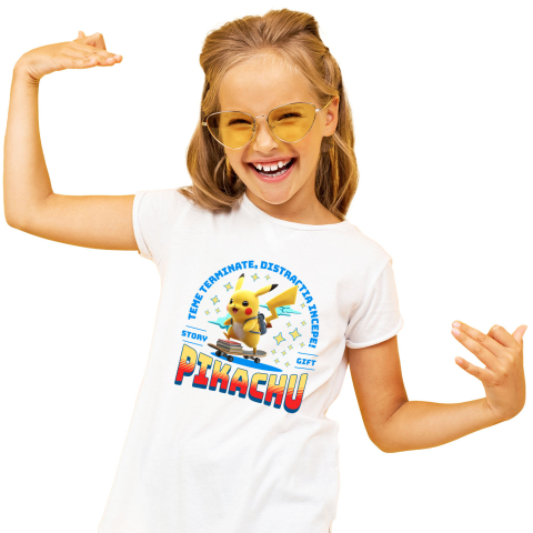 Educatie - Tricou Copii cu Pikachu: Skateboard Si Energie Pozitiva 100% Bumbac, Alb, 6 Ani