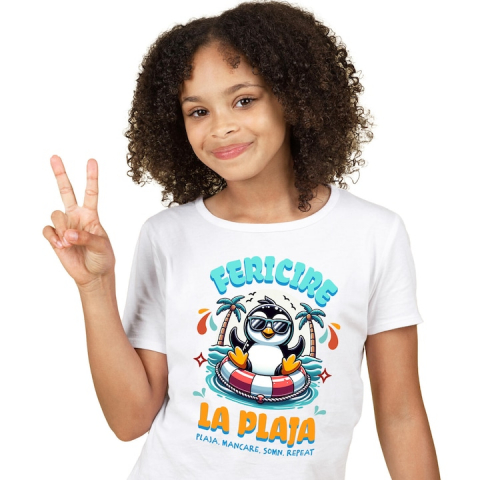 Copii Unisex - 8 Ani - Tricou Copii cu Pinguin Cu Ochelari De Soare Colac Pe Mare Plaja Tropicala cu imprimeu pe Fata, 100% Bumbac, Alb, 8 Ani