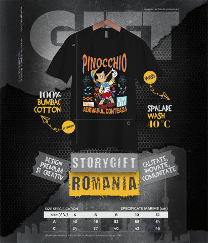 Tricou Copii cu Pinocchio - Nasul lui, misterul care il uimeste 100% Bumbac, Negru, 12 Ani [5]