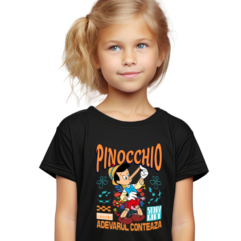 Tricouri - Tricou Copii cu Pinocchio - Nasul lui, misterul care il uimeste 100% Bumbac, Negru, 12 Ani
